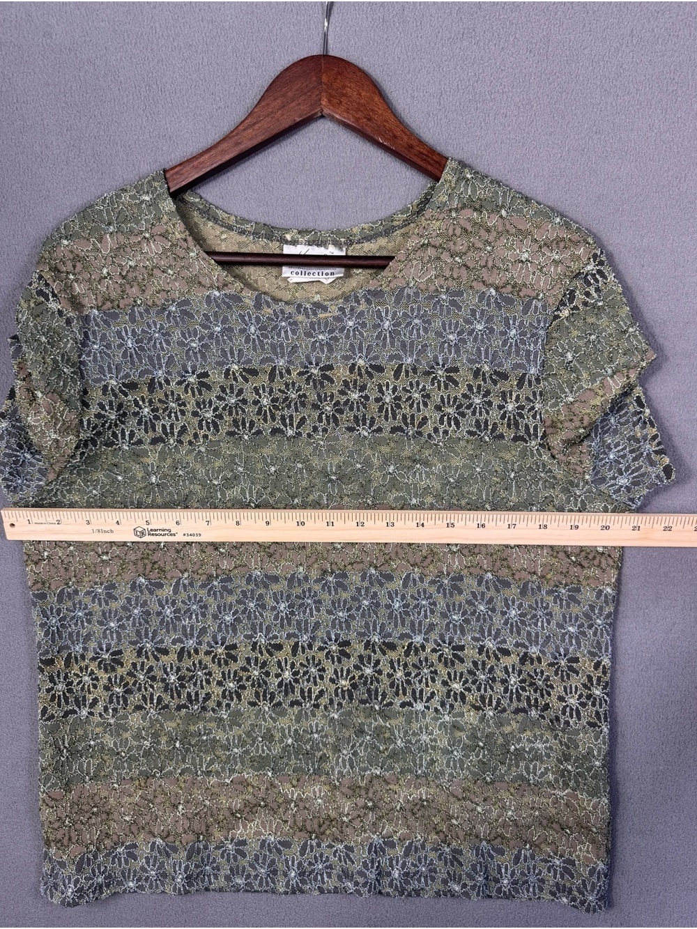 Vintage Y2K Kathie Lee Earth Tone Multicolor Lace Mesh Short Sleeve Top, XL - Picture 7 of 11